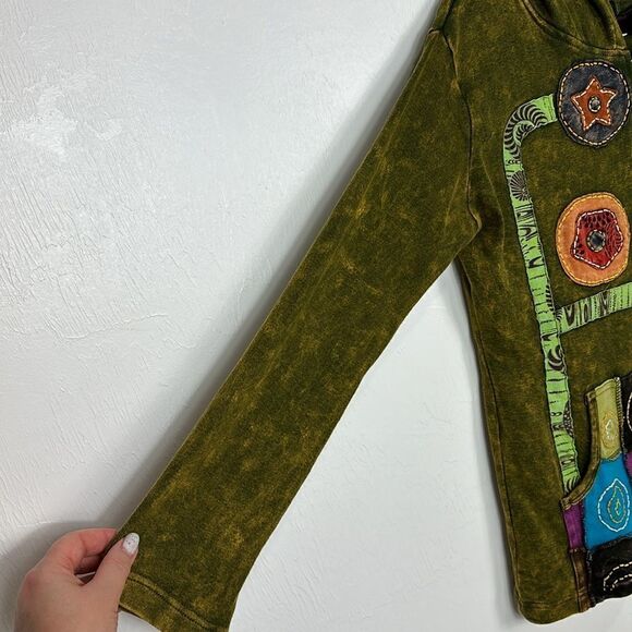 Rising International Bohemian Hippie Green Cotton Patchwork Zip Hoodie Size S - Picture 2 of 9
